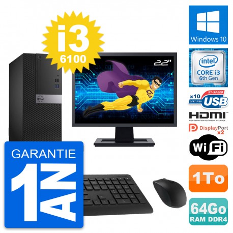 PC Tour Dell 5050 MT Ecran 22" i3-6100 RAM 64Go Disque 1To HDMI Windows 10 Wifi