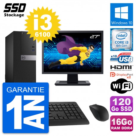 PC Tour Dell 5050 Ecran 27" Core i3-6100 RAM 16Go SSD 120Go HDMI Windows 10 Wifi