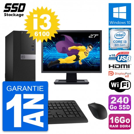 PC Tour Dell 5050 Ecran 27" Core i3-6100 RAM 16Go SSD 240Go HDMI Windows 10 Wifi