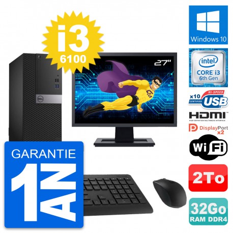 PC Tour Dell 5050 MT Ecran 27" i3-6100 RAM 32Go Disque 2To HDMI Windows 10 Wifi