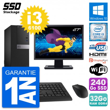 PC Tour Dell 5050 Ecran 27" Core i3-6100 RAM 32Go SSD 240Go HDMI Windows 10 Wifi