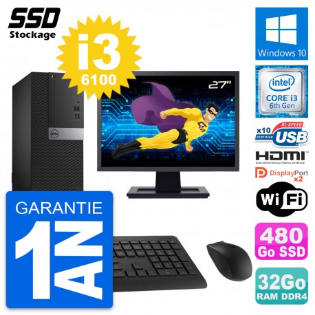 PC Tour Dell 5050 Ecran 27" Core i3-6100 RAM 32Go SSD 480Go HDMI Windows 10 Wifi