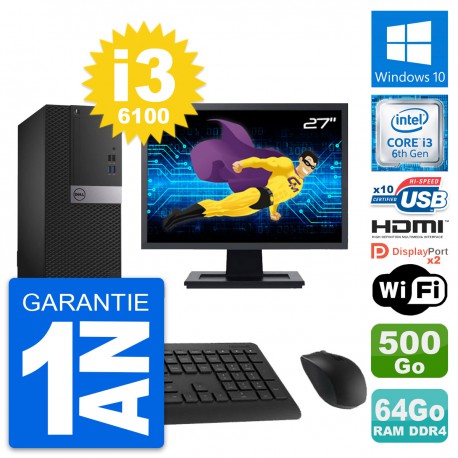 PC Tour Dell 5050 Ecran 27" i3-6100 RAM 64Go Disque 500Go HDMI Windows 10 Wifi