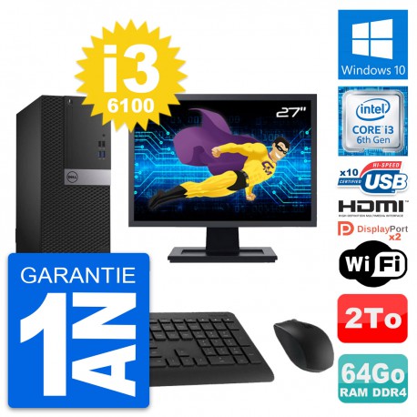 PC Tour Dell 5050 MT Ecran 27" i3-6100 RAM 64Go Disque 2To HDMI Windows 10 Wifi