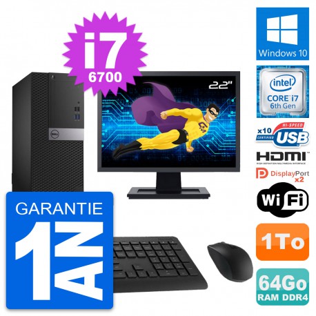 PC Tour Dell 5050 MT Ecran 22" i7-6700 RAM 64Go Disque 1To HDMI Windows 10 Wifi