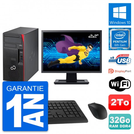 PC Tour Fujitsu P557 MT Ecran 22" G4400 RAM 32Go Disque Dur 2To Windows 10 Wifi