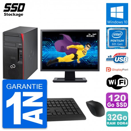 PC Tour Fujitsu P557 MT Ecran 22" Intel G4400 RAM 32Go SSD 120Go Windows 10 Wifi