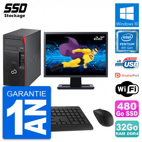 PC Tour Fujitsu P557 MT Ecran 22" Intel G4400 RAM 32Go SSD 480Go Windows 10 Wifi