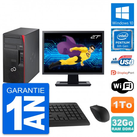 PC Tour Fujitsu P557 MT Ecran 27" G4400 RAM 32Go Disque Dur 1To Windows 10 Wifi