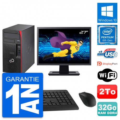 PC Tour Fujitsu P557 MT Ecran 27" G4400 RAM 32Go Disque Dur 2To Windows 10 Wifi