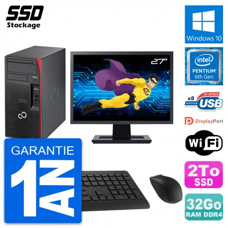 PC Tour Fujitsu P557 MT Ecran 27" Pentium G4400 RAM 32Go SSD 2To Windows 10 Wifi