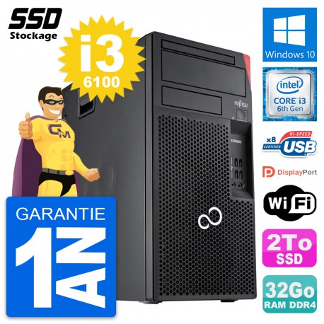 PC Tour Fujitsu Esprimo P557 MT Intel i3-6100 RAM 32Go SSD 2To Windows 10 Wifi