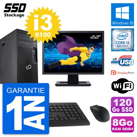 PC Tour Fujitsu P557 MT Ecran 22" Core i3-6100 RAM 8Go SSD 120Go Windows 10 Wifi