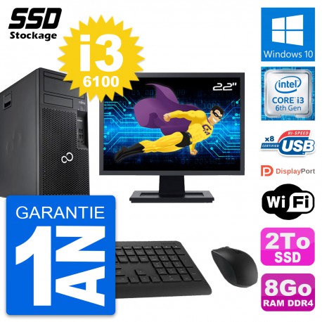 PC Tour Fujitsu P557 MT Ecran 22" Intel i3-6100 RAM 8Go SSD 2To Windows 10 Wifi