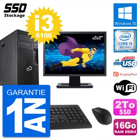 PC Tour Fujitsu P557 MT Ecran 22" Intel i3-6100 RAM 16Go SSD 2To Windows 10 Wifi