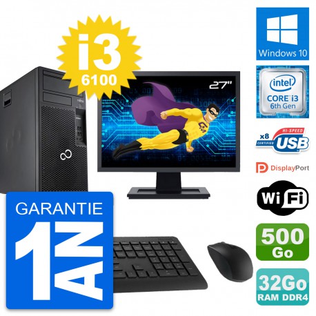 PC Tour Fujitsu P557 MT Ecran 27" i3-6100 RAM 32Go Disque 500Go Windows 10 Wifi