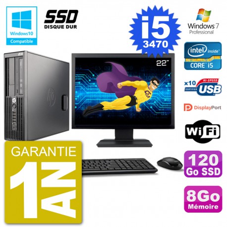 PC HP Z220 SFF Ecran 22" Core i5-3470 RAM 8Go SSD 120Go Graveur DVD Wifi W7