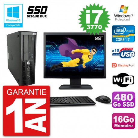 PC HP Z220 SFF Ecran 22" Core i7-3770 RAM 16Go SSD 480Go Graveur DVD Wifi W7