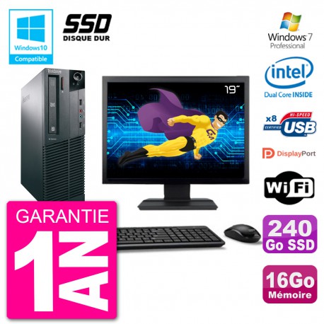PC Lenovo M82 SFF Ecran 19" G2020 RAM 16Go SSD 240Go Graveur DVD Wifi W7