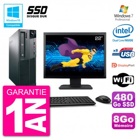 PC Lenovo M82 SFF Ecran 22" G2020 RAM 8Go SSD 480Go Graveur DVD Wifi W7
