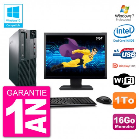PC Lenovo M82 SFF Ecran 22" G2020 RAM 16Go Disque 1To Graveur DVD Wifi W7
