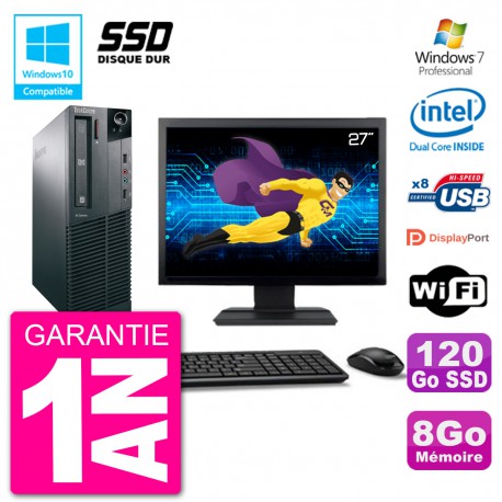 PC Lenovo M82 SFF Ecran 27" G2020 RAM 8Go SSD 120Go Graveur DVD Wifi W7