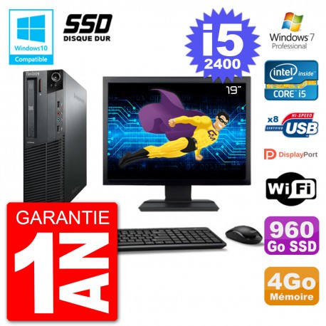 PC Lenovo M82 SFF Ecran 19" i5-2400 RAM 4Go SSD 960Go Graveur DVD Wifi W7