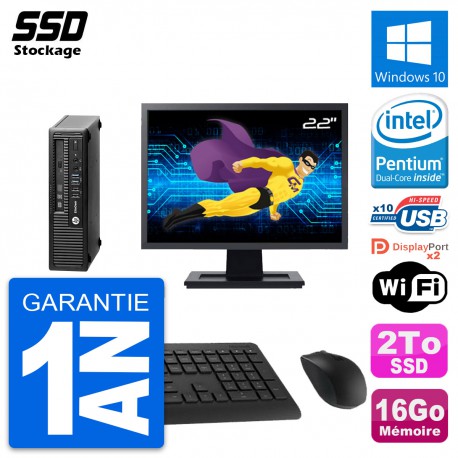 Mini PC HP 800 G1 USDT Ecran 22" Pentium G3220 RAM 16Go SSD 2To Windows 10 Wifi