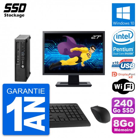 Mini PC HP 800 G1 USDT Ecran 27" Intel G3220 RAM 8Go SSD 240Go Windows 10 Wifi