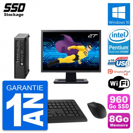 Mini PC HP 800 G1 USDT Ecran 27" Intel G3220 RAM 8Go SSD 960Go Windows 10 Wifi
