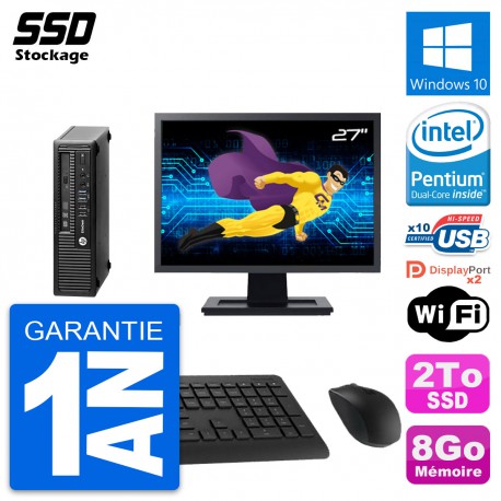 Mini PC HP EliteDesk 800 G1 USDT Ecran 27" G3220 RAM 8Go SSD 2To Windows 10 Wifi