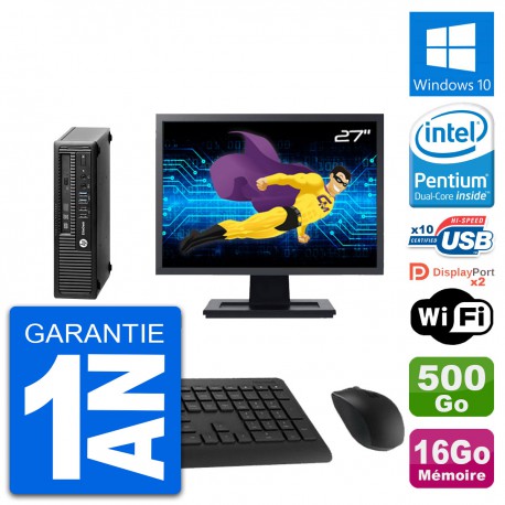 Mini PC HP 800 G1 USDT Ecran 27" G3220 RAM 16Go Disque Dur 500Go Windows 10 Wifi