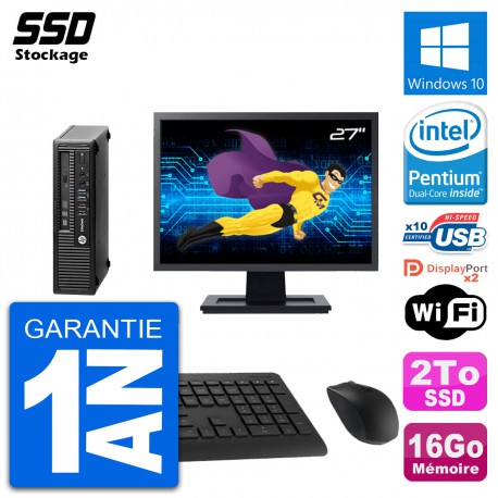 Mini PC HP 800 G1 USDT Ecran 27" Pentium G3220 RAM 16Go SSD 2To Windows 10 Wifi