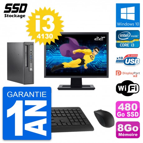 Mini PC HP 800 G1 USDT Ecran 22" Intel i3-4130 RAM 8Go SSD 480Go Windows 10 Wifi