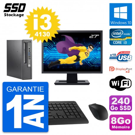 Mini PC HP 800 G1 USDT Ecran 27" Intel i3-4130 RAM 8Go SSD 240Go Windows 10 Wifi