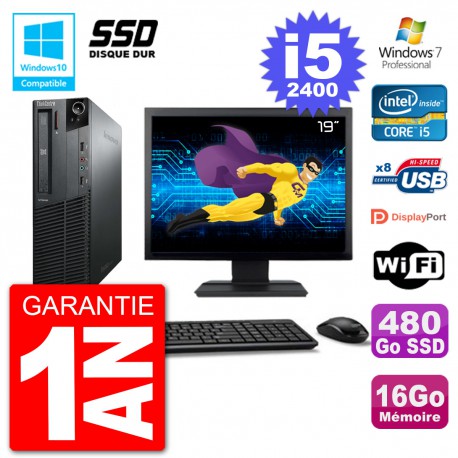 PC Lenovo M82 SFF Ecran 19" i5-2400 RAM 16Go SSD 480Go Graveur DVD Wifi W7