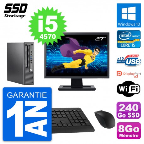 Mini PC HP 800 G1 USDT Ecran 27" Intel i5-4570 RAM 8Go SSD 240Go Windows 10 Wifi