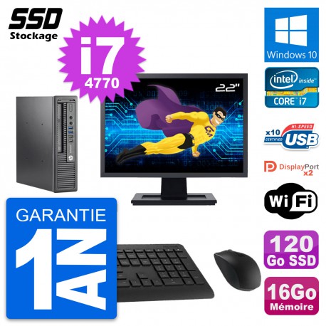 Mini PC HP 800 G1 USDT Ecran 22" Core i7-4770 RAM 16Go SSD 120Go Windows 10 Wifi