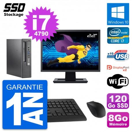 Mini PC HP 800 G1 USDT Ecran 22" Intel i7-4790 RAM 8Go SSD 120Go Windows 10 Wifi