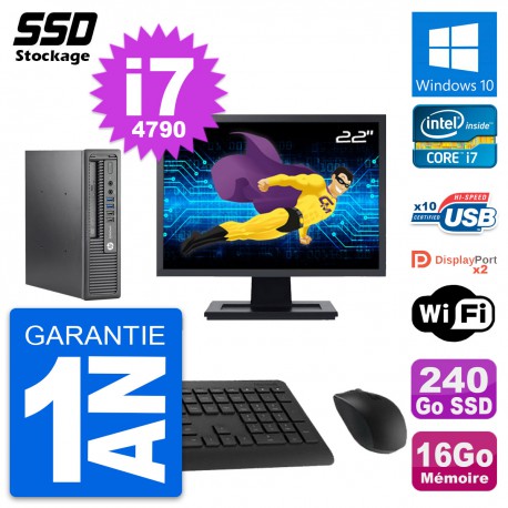 Mini PC HP 800 G1 USDT Ecran 22" Core i7-4790 RAM 16Go SSD 240Go Windows 10 Wifi