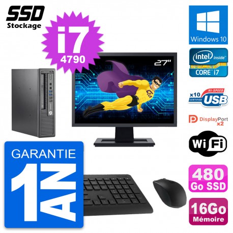 Mini PC HP 800 G1 USDT Ecran 27" Core i7-4790 RAM 16Go SSD 480Go Windows 10 Wifi