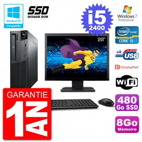 PC Lenovo M82 SFF Ecran 22" i5-2400 RAM 8Go SSD 480Go Graveur DVD Wifi W7