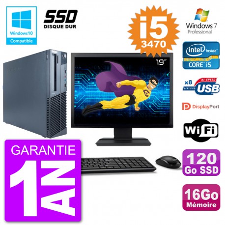 PC Lenovo M82 SFF Ecran 19" i5-3470 RAM 16Go SSD 120Go Graveur DVD Wifi W7