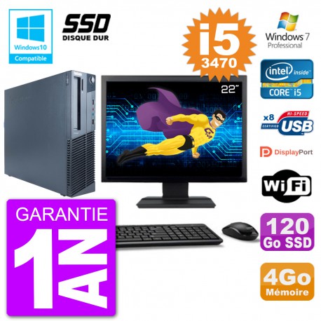 PC Lenovo M82 SFF Ecran 22" i5-3470 RAM 4Go SSD 120Go Graveur DVD Wifi W7