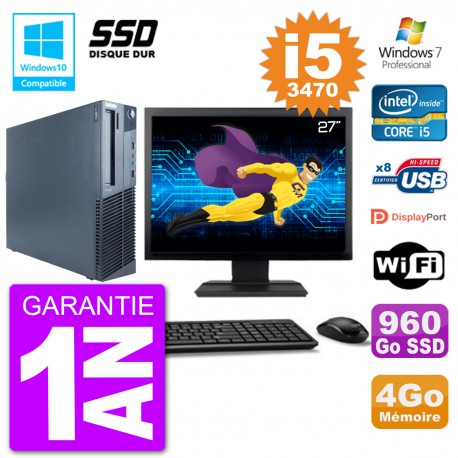 PC Lenovo M82 SFF Ecran 27" i5-3470 RAM 4Go SSD 960Go Graveur DVD Wifi W7