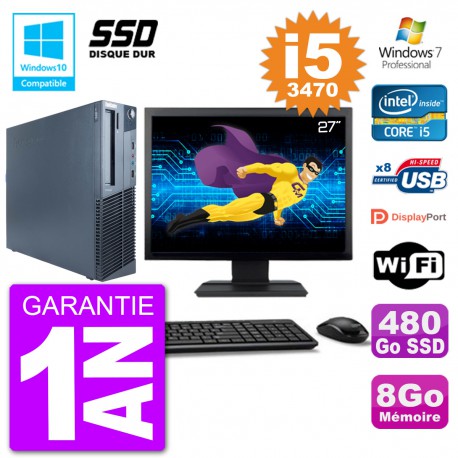 PC Lenovo M82 SFF Ecran 27" i5-3470 RAM 8Go SSD 480Go Graveur DVD Wifi W7