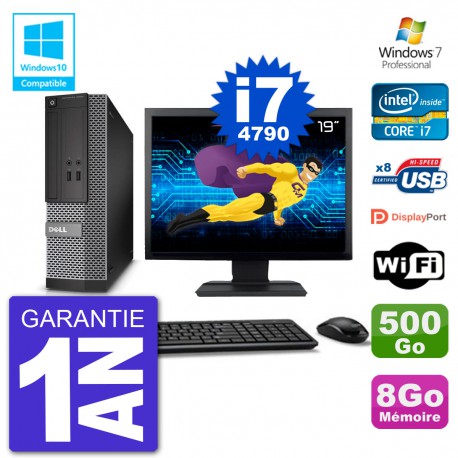 PC Dell 3020 SFF Ecran 19" Intel i7-4790 RAM 8Go Disque 500Go Graveur DVD Wifi W7