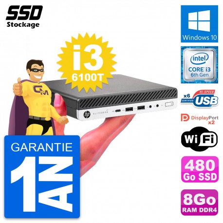 Ultra Mini PC HP 800 G3 DM Intel Core i3-6100T RAM 8Go SSD 480Go Windows 10 Wifi