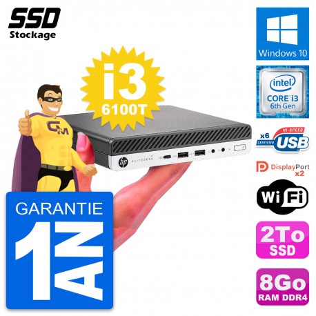 Ultra Mini PC HP 800 G3 DM Intel Core i3-6100T RAM 8Go SSD 2To Windows 10 Wifi