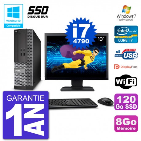 PC Dell 3020 SFF Ecran 19" Intel i7-4790 RAM 8Go SSD 120Go Graveur DVD Wifi W7